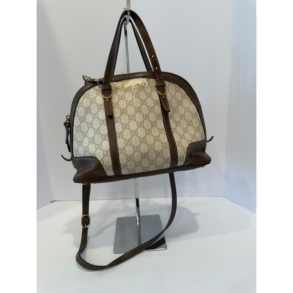 Authentic Gucci Signature GG Coated Canvas Brown Leather Trim/Handles Dome Purse